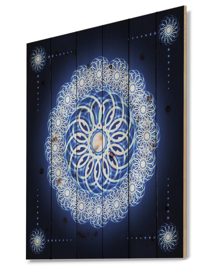 DesignQ Abstract Fractal Flower In Blue Background - Digital Art Print On Natural Pine Wood