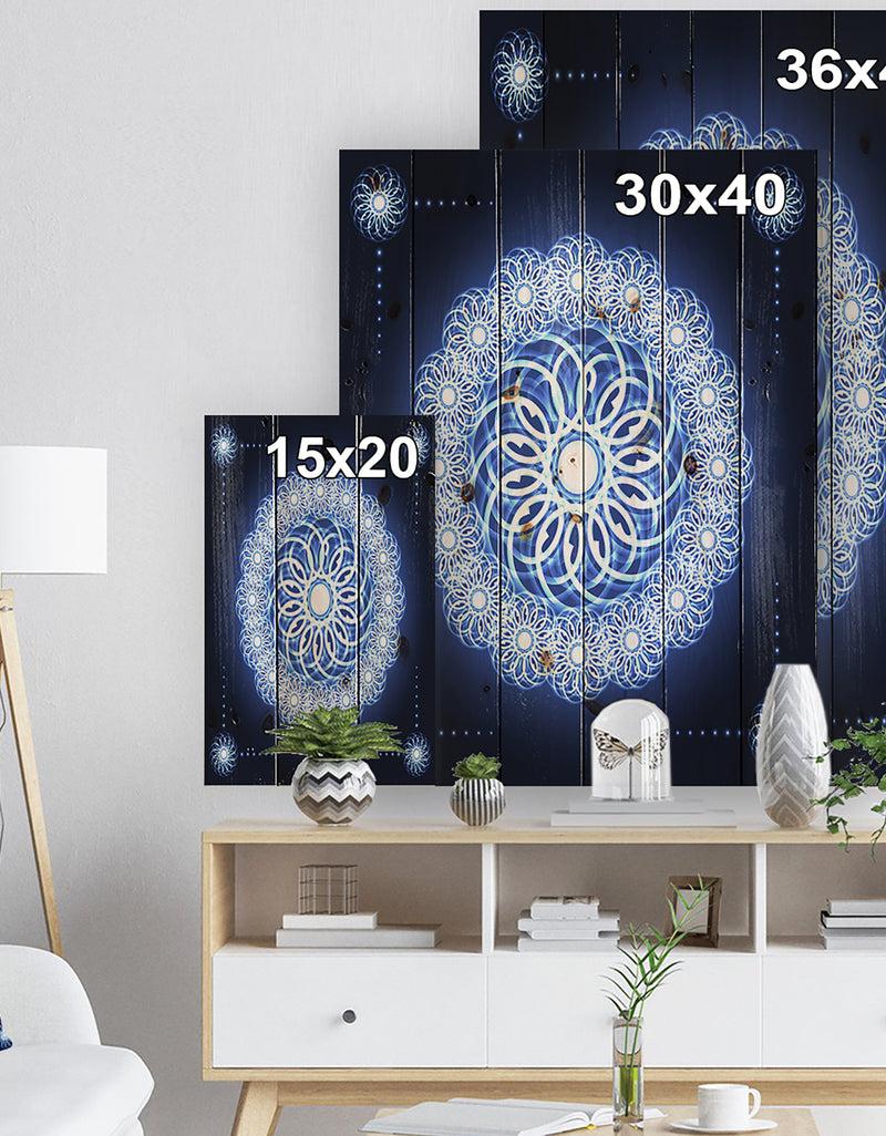 DesignQ Abstract Fractal Flower In Blue Background - Digital Art Print On Natural Pine Wood