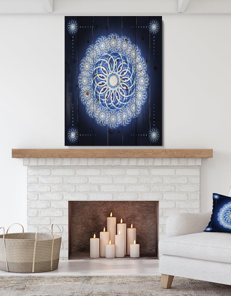 DesignQ Abstract fractal flower in Blue Background - Digital Art Print on Natural Pine Wood