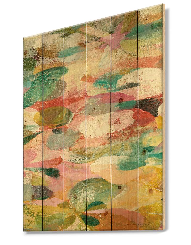 DesignQ Abstract Pastel Flower Painting With Pink And Blue - Cabin & Lodge Print On Natural Pine Wood