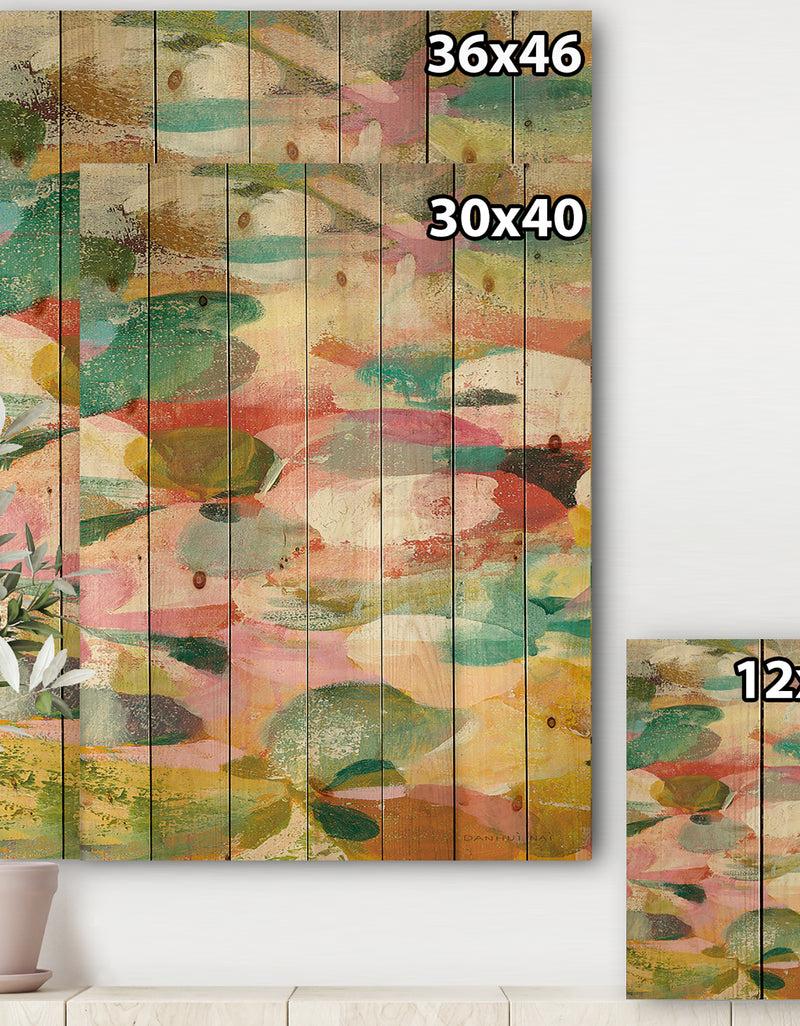 DesignQ Abstract Pastel Flower Painting With Pink And Blue - Cabin & Lodge Print On Natural Pine Wood