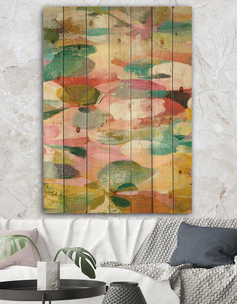 DesignQ Abstract Pastel Flower Painting with Pink and Blue - Cabin & Lodge Print on Natural Pine Wood