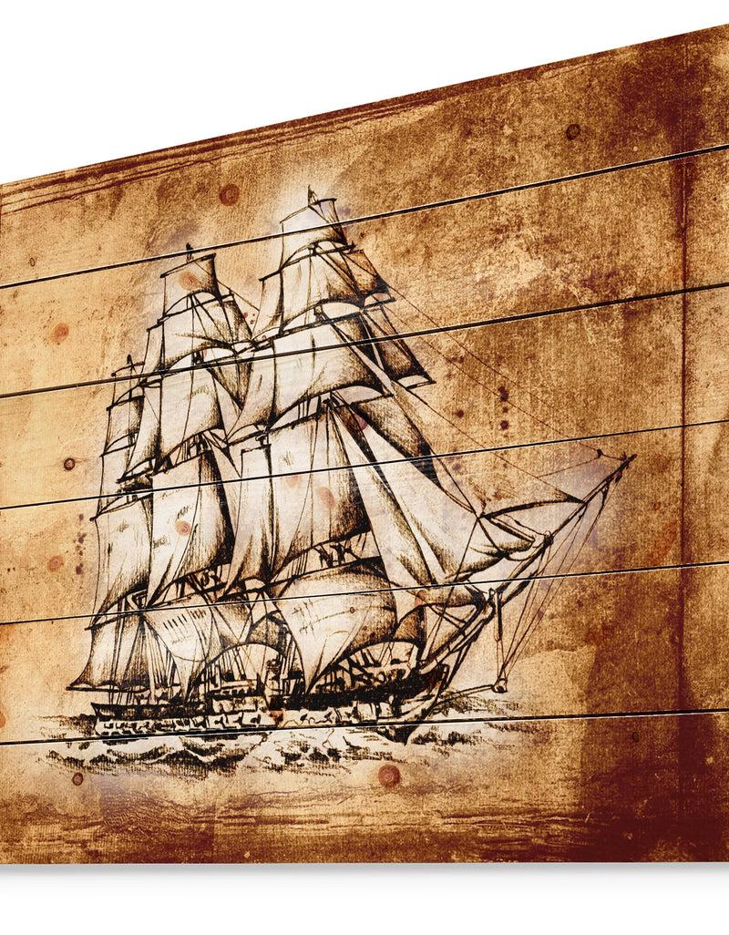 DesignQ Ancient Sailboat Drawing - Seashore Print On Natural Pine Wood