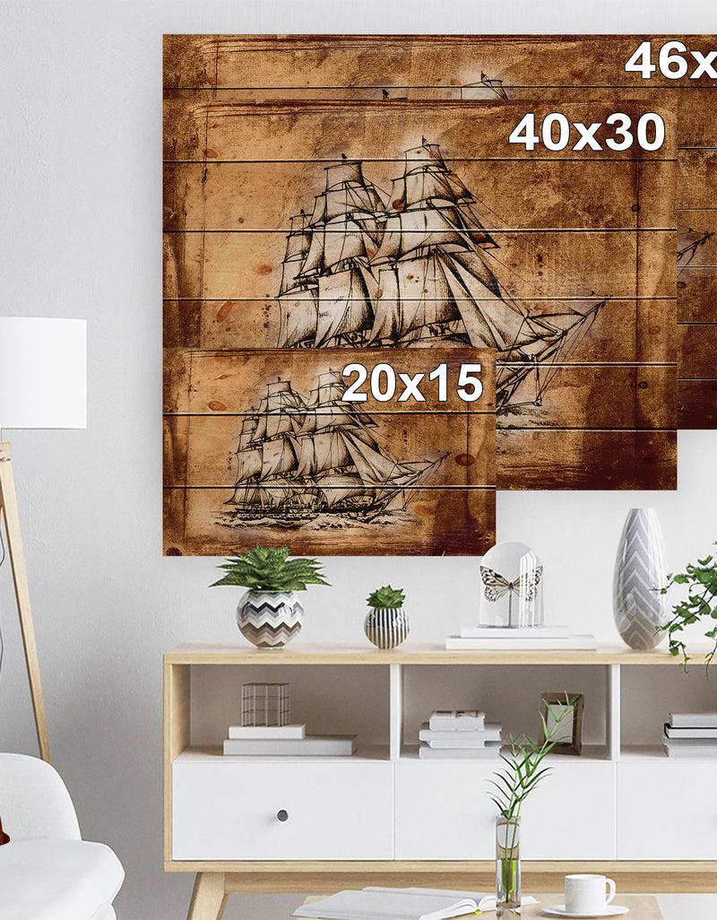 DesignQ Ancient Sailboat Drawing - Seashore Print On Natural Pine Wood
