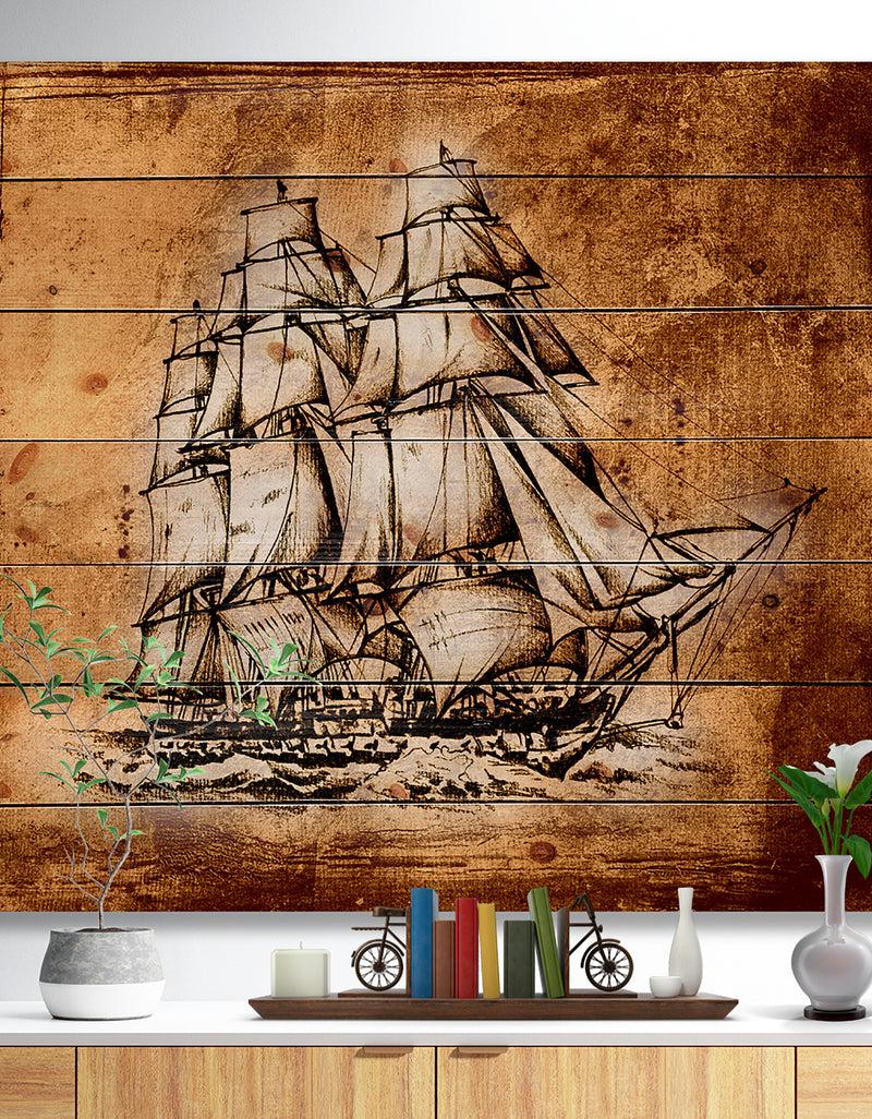 DesignQ Ancient Sailboat Drawing - Seashore Print on Natural Pine Wood