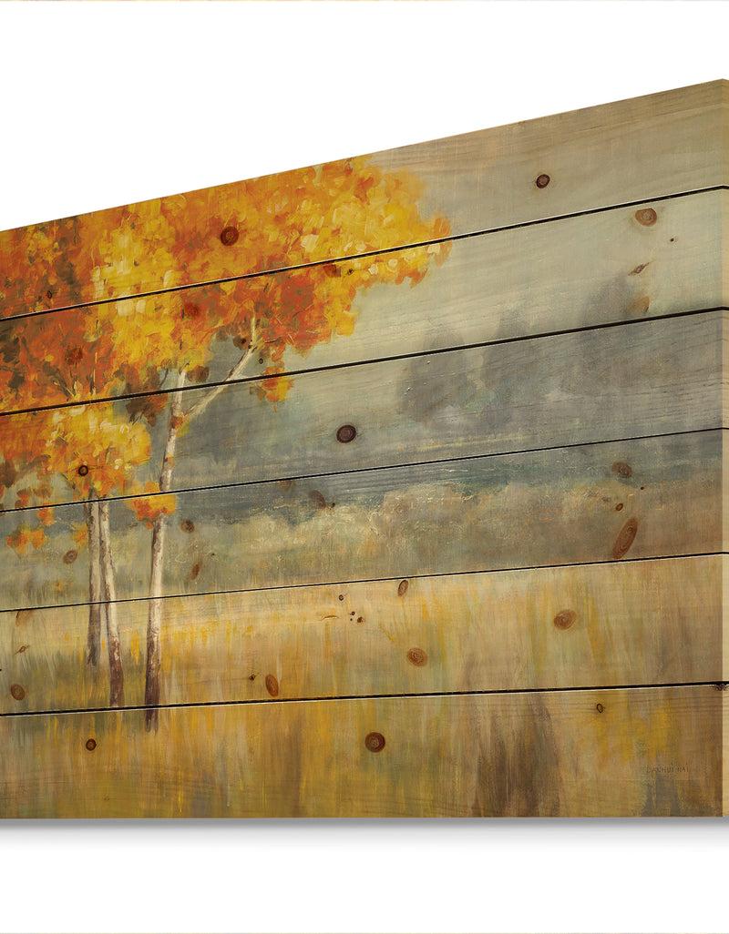 DesignQ Autumn Landscape - Farmhouse Print On Natural Pine Wood
