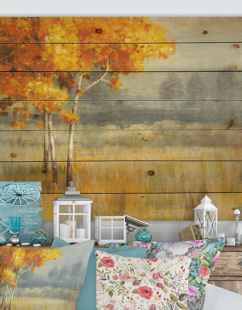 DesignQ Autumn Landscape - Farmhouse Print on Natural Pine Wood