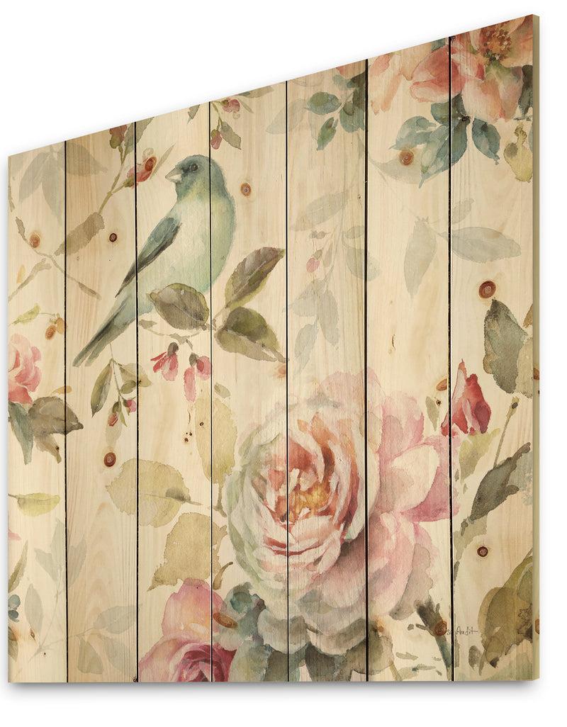 DesignQ Beautiful Bird Romance II - Traditional Print On Natural Pine Wood