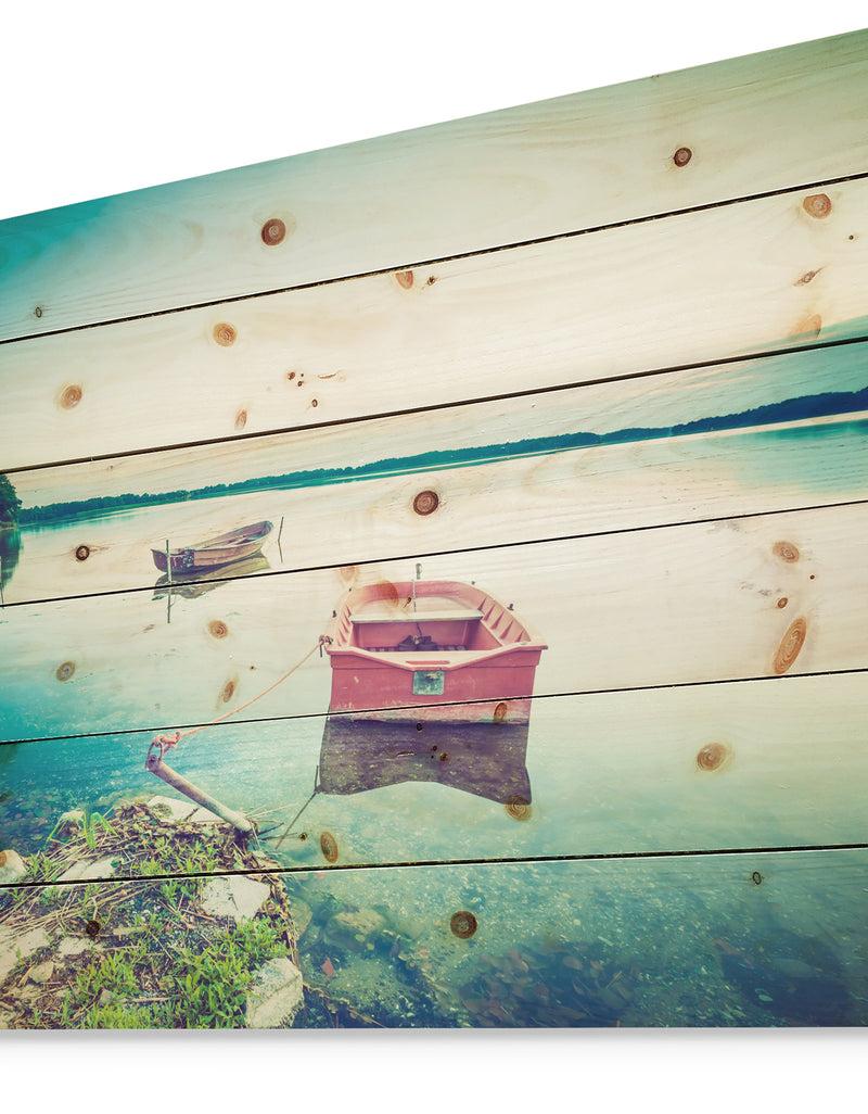 DesignQ Beautiful Lake Vintage View - Boat Print On Natural Pine Wood