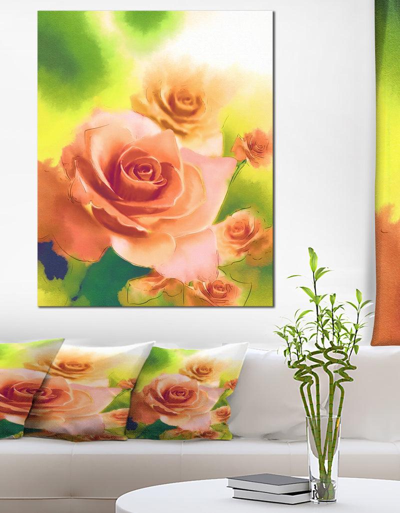 DesignQ Beautiful Watercolor Roses On Green - Flower Artwork On Canvas