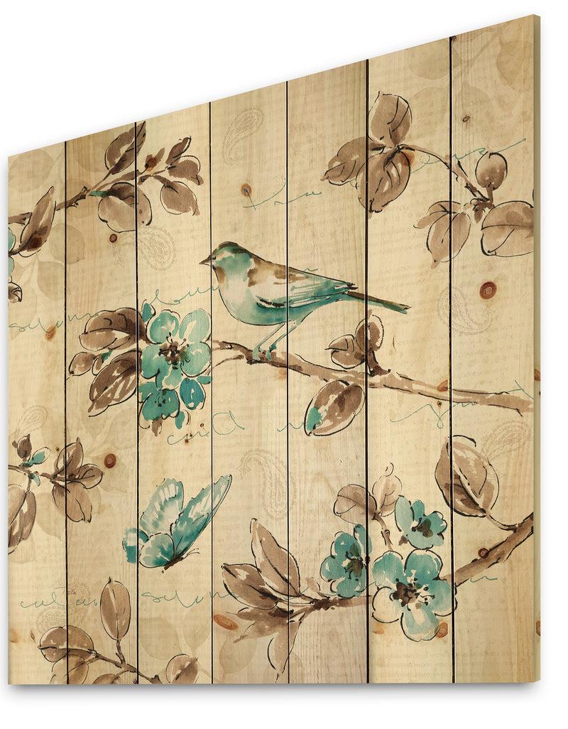 DesignQ Beige Bird Wings - Cottage Print On Natural Pine Wood