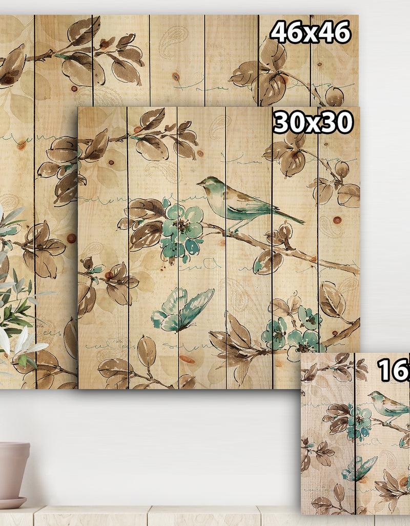 DesignQ Beige Bird Wings - Cottage Print On Natural Pine Wood