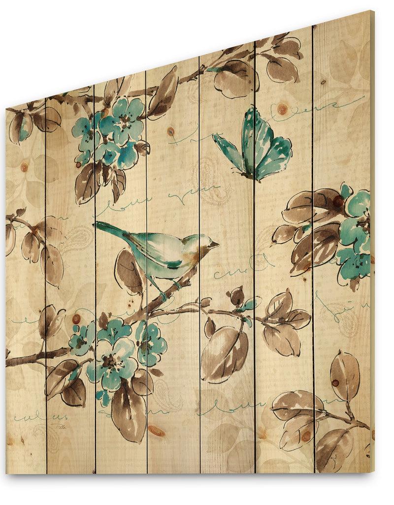 DesignQ Beige Bird Wings III - Traditional Print On Natural Pine Wood