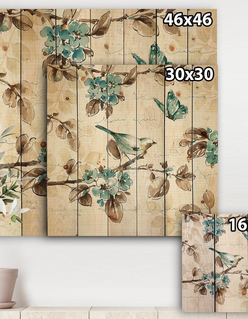 DesignQ Beige Bird Wings III - Traditional Print On Natural Pine Wood