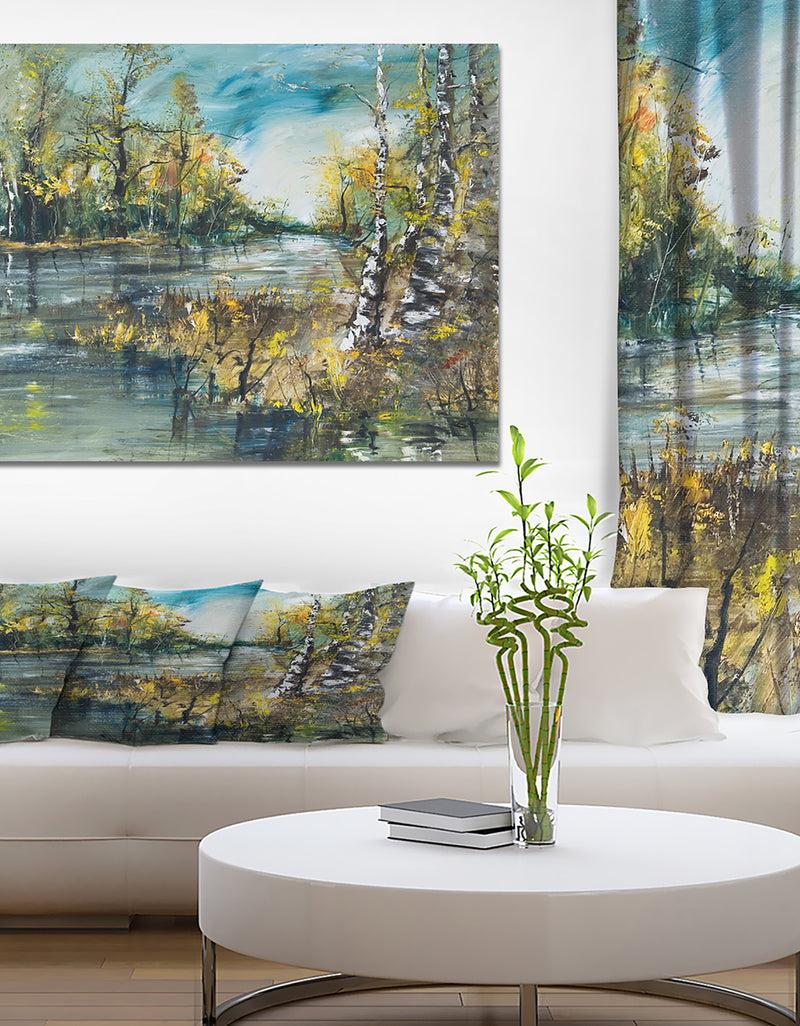 DesignQ Birch Forest River - Landscapes Painting Print on Wrapped Canvas DesignQ Birch Forest River - Landscapes Painting Print on Wrapped Canvas