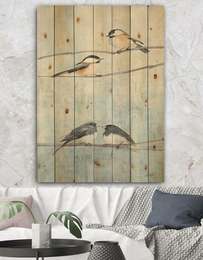 DesignQ Bird Hanging on Tree I - Modern Farmhouse Print on Natural Pine Wood