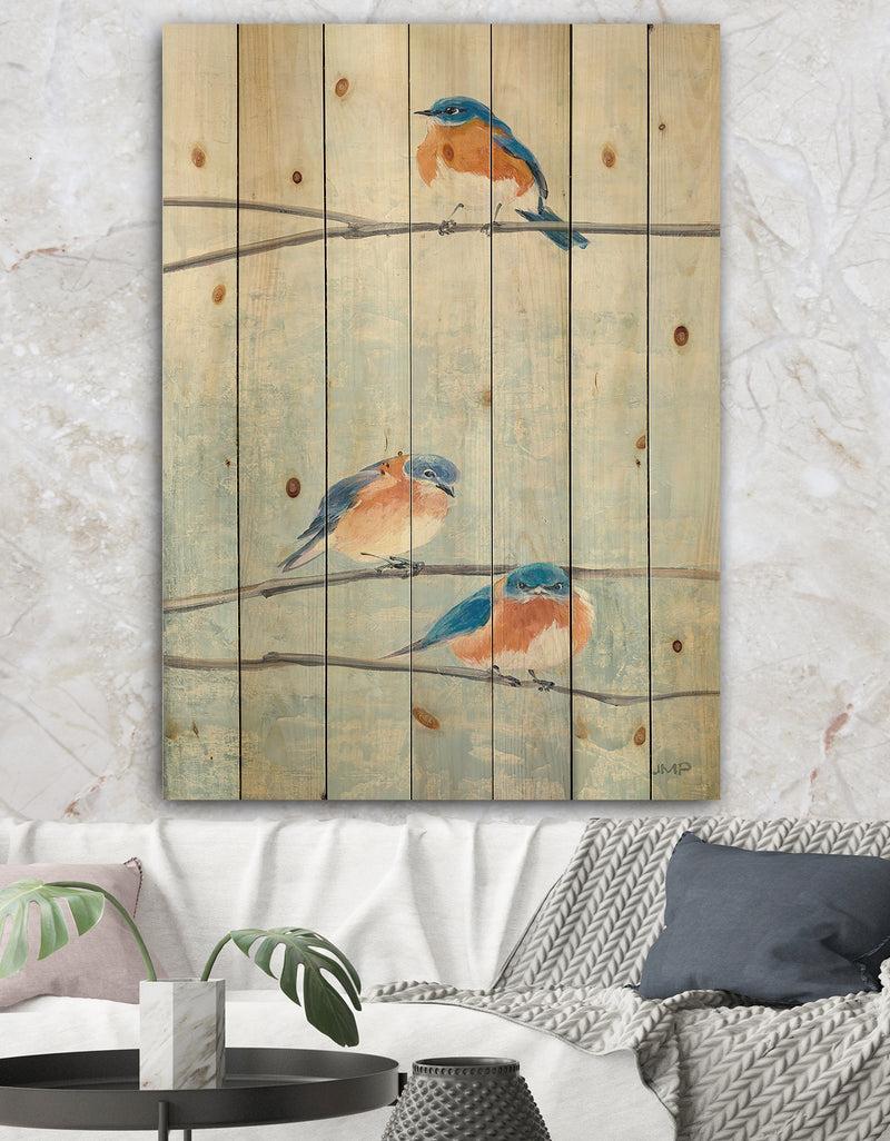 DesignQ Bird Hanging on Tree II - Modern Farmhouse Print on Natural Pine Wood