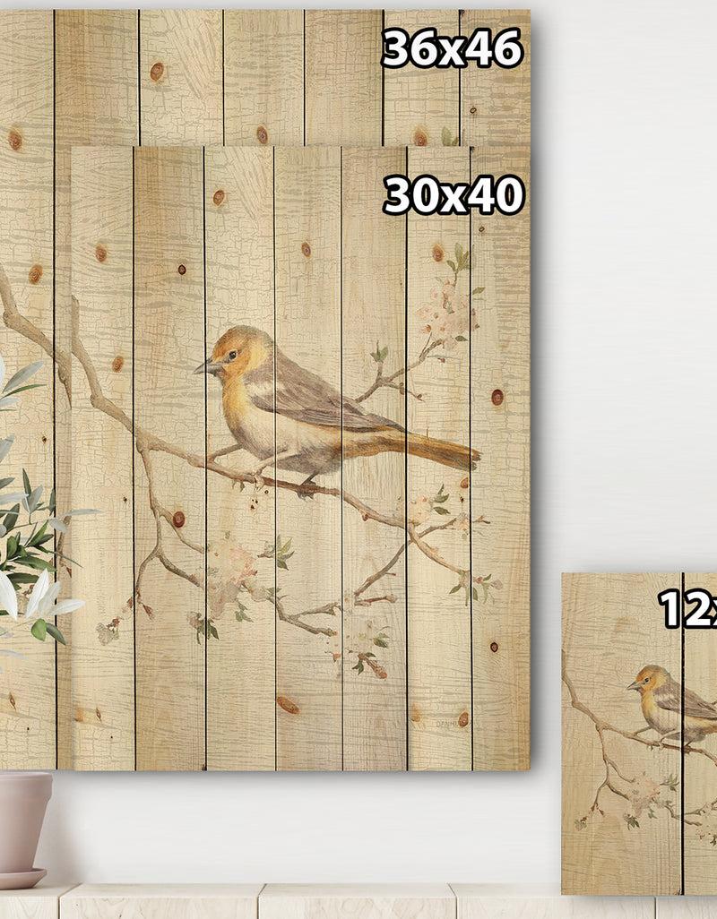 DesignQ Birds On Blossom II - Farmhouse Print On Natural Pine Wood