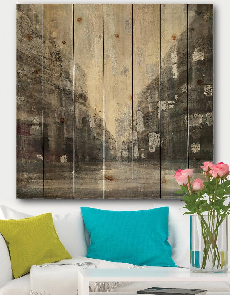 DesignQ Black and White Cityscape - Traditional Print on Natural Pine Wood