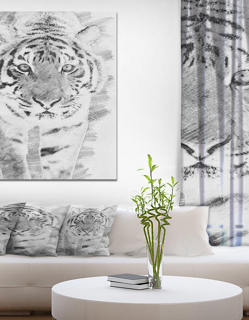 DesignQ Black and White Tiger Sketch - Animals Painting Print on Wrapped Canvas