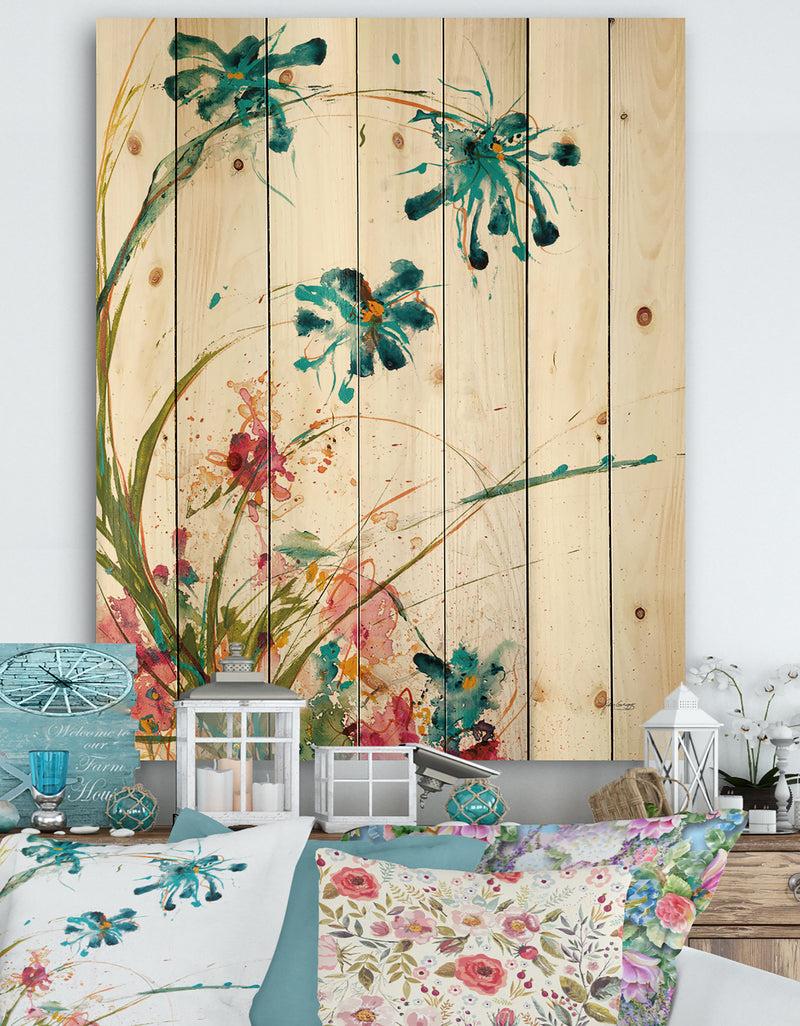 DesignQ Blue Abstract Blossoming Farmhouse Flowers - Modern Farmhouse Print on Natural Pine Wood