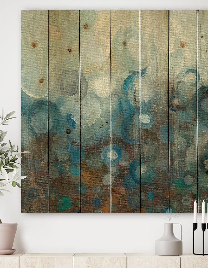 DesignQ Blue and Bronze Dots on Glass I - Modern & Contemporary Print on Natural Pine Wood