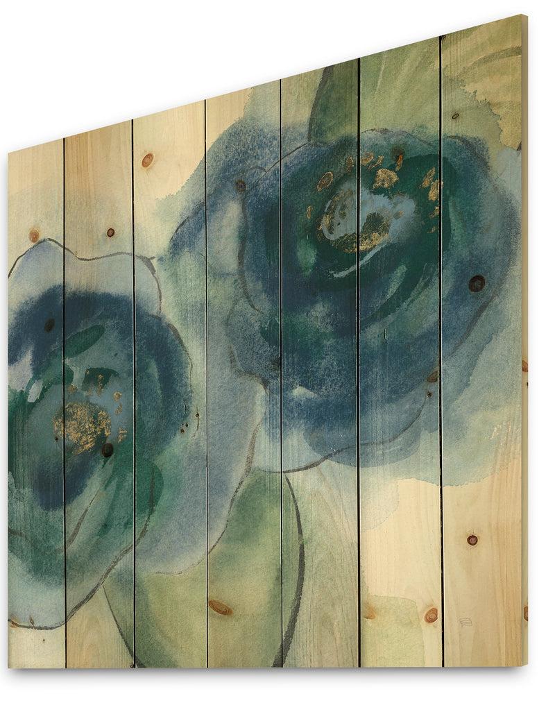 DesignQ Blue Floral Poppies III - Cottage Print On Natural Pine Wood