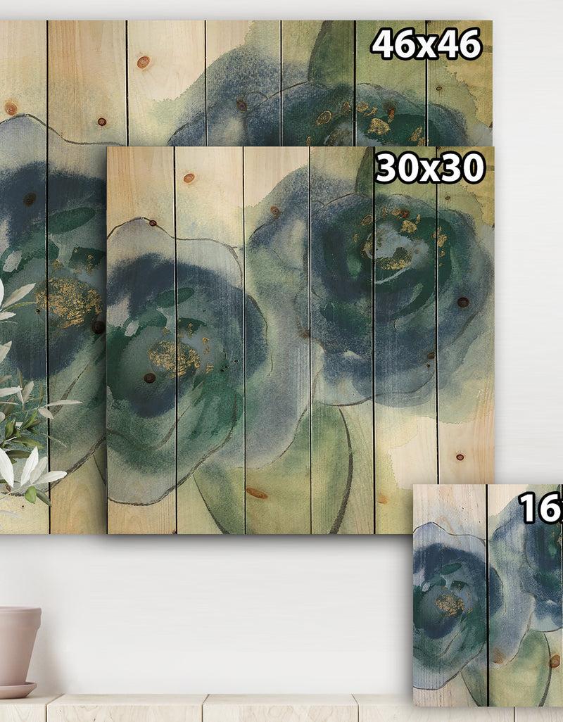 DesignQ Blue Floral Poppies III - Cottage Print On Natural Pine Wood