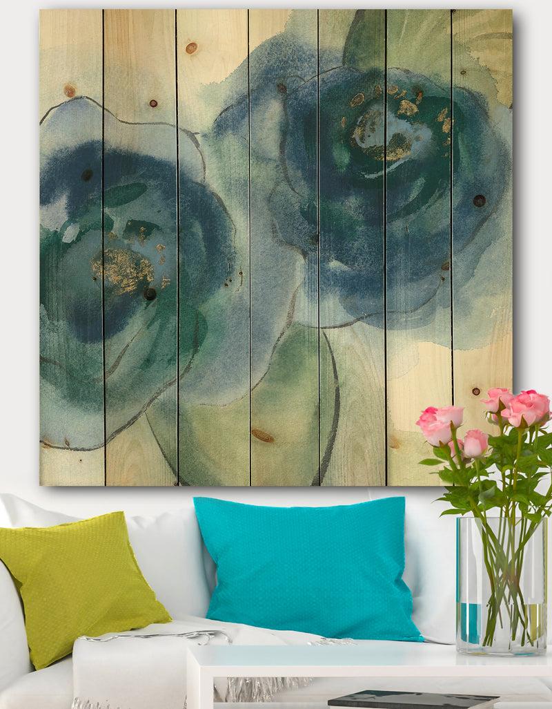 DesignQ Blue Floral Poppies III - Cottage Print on Natural Pine Wood