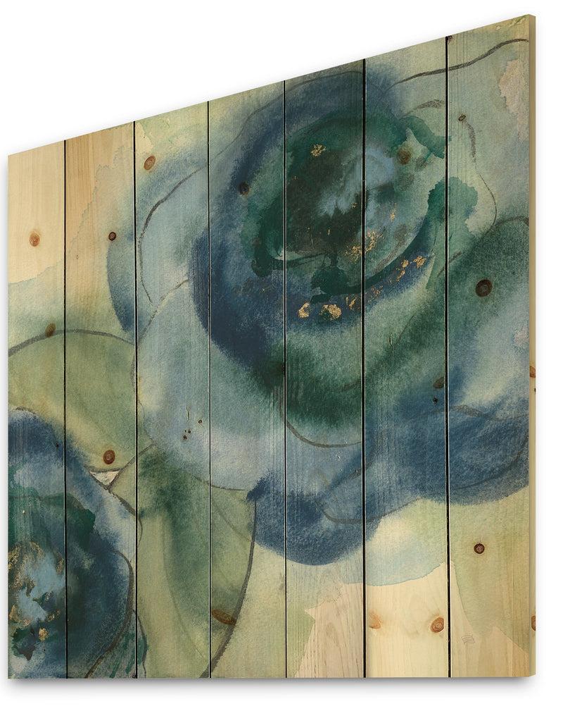 DesignQ Blue Floral Poppies V - Cottage Print On Natural Pine Wood