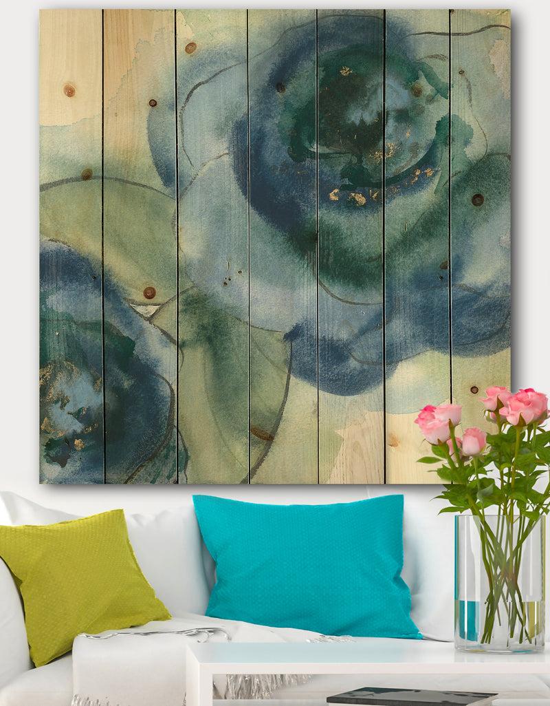 DesignQ Blue Floral Poppies V - Cottage Print on Natural Pine Wood