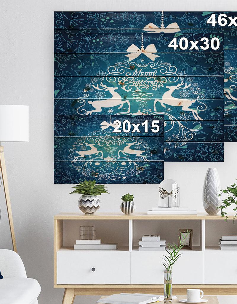 DesignQ Blue Merry Christmas Reindeer Snow Crystal Pattern - Print On Natural Pine Wood