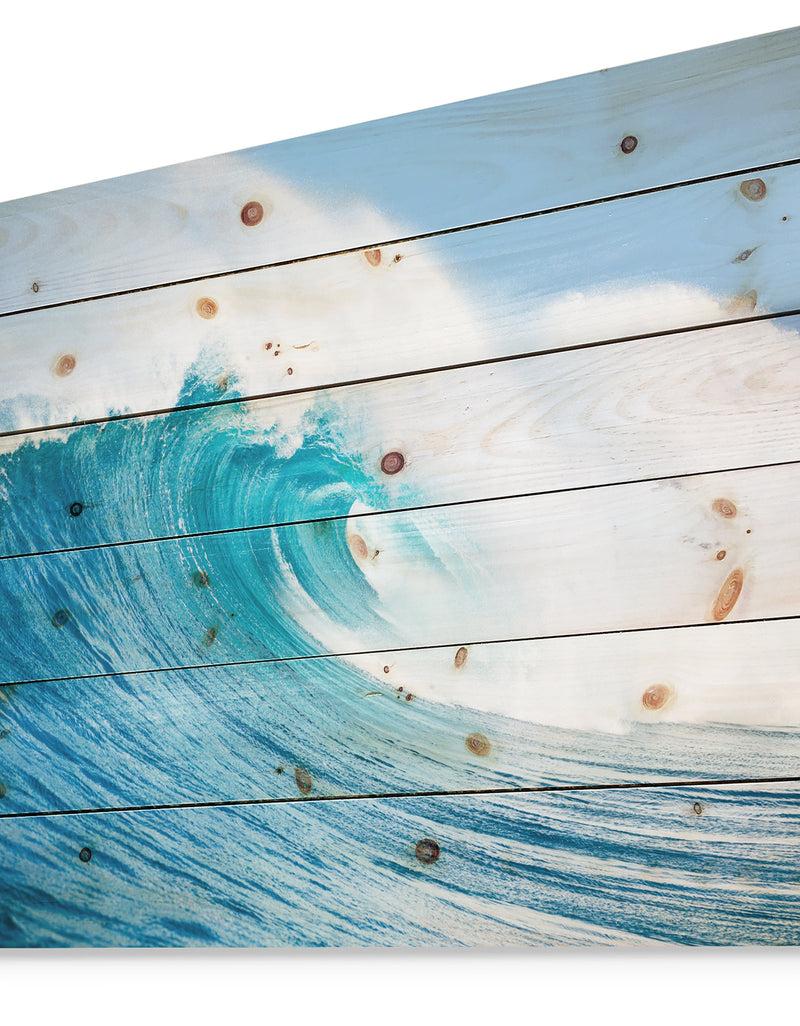DesignQ Blue Ocean Wave - Sea & Shore Print On Natural Pine Wood