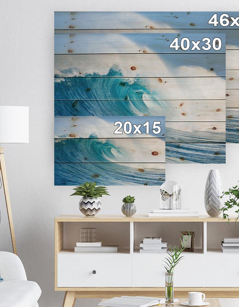 DesignQ Blue Ocean Wave - Sea & Shore Print On Natural Pine Wood