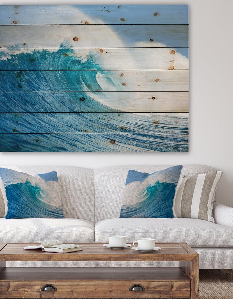DesignQ Blue Ocean Wave - Sea & Shore Print on Natural Pine Wood