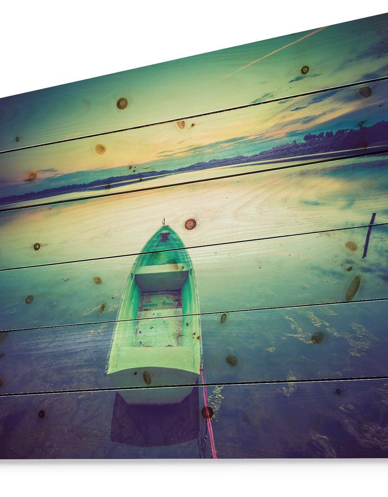 DesignQ Boat At Sunset In Vintage Lake - Boat Print On Natural Pine Wood