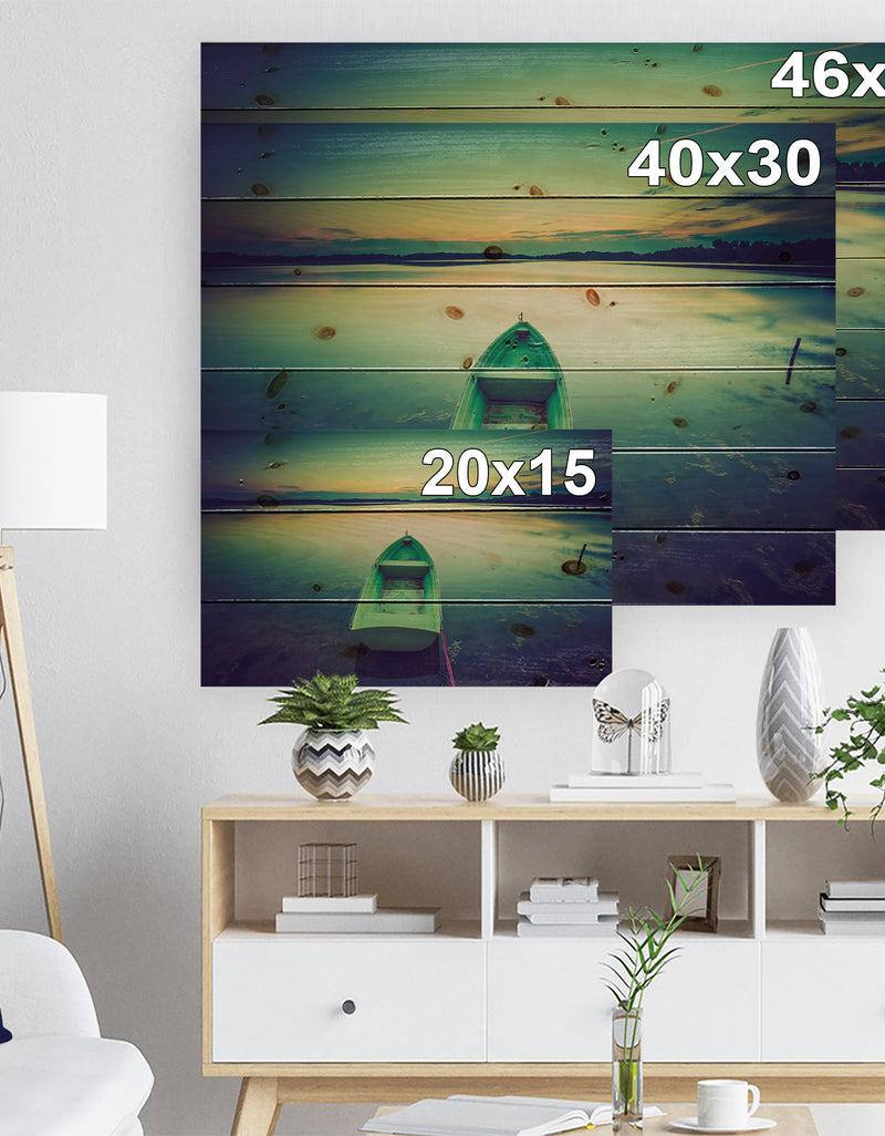 DesignQ Boat At Sunset In Vintage Lake - Boat Print On Natural Pine Wood