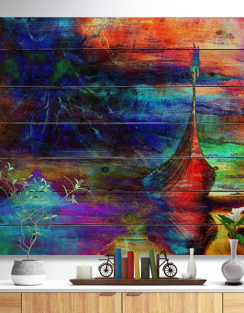 DesignQ Boat with Wood Dragon - Sea & Shore Painting Print on Natural Pine Wood