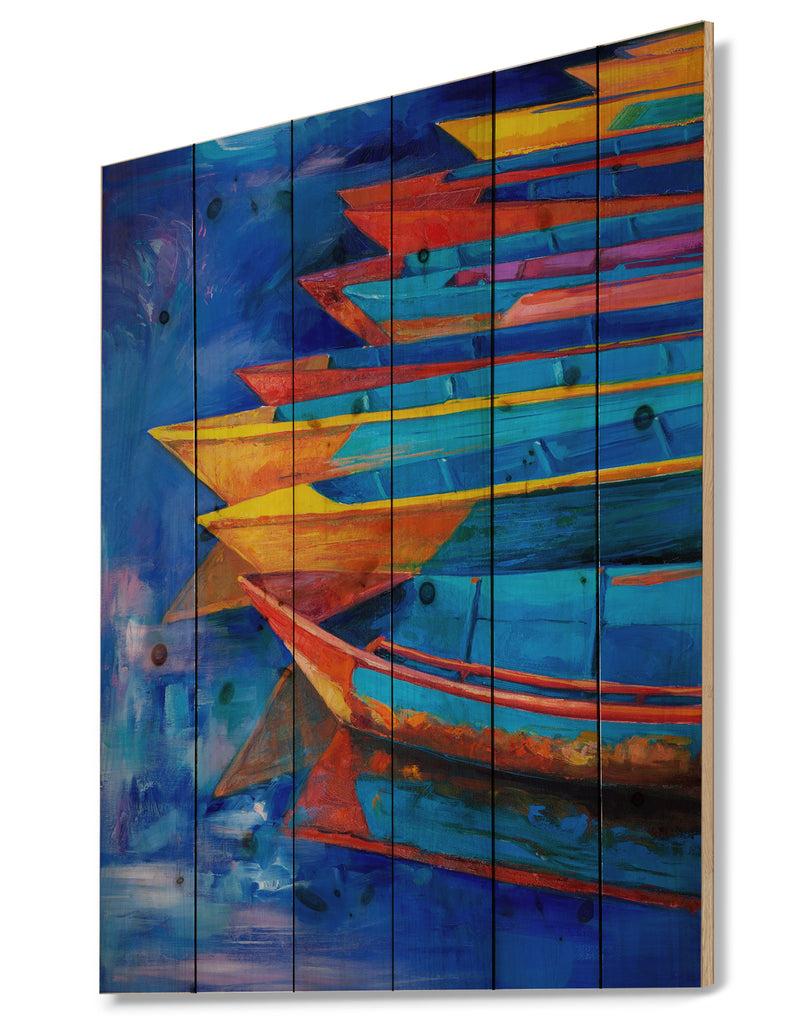 DesignQ Boats And Jetty At Pier In Oil Painting - Sea & Shore Painting Print On Natural Pine Wood