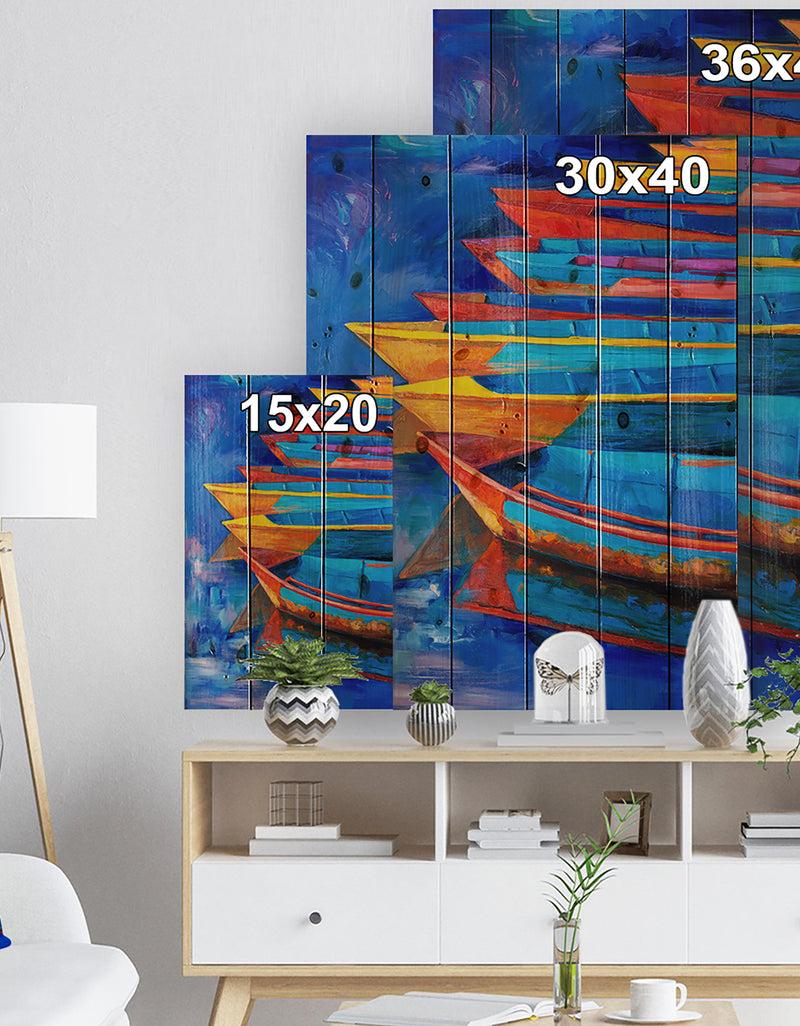 DesignQ Boats And Jetty At Pier In Oil Painting - Sea & Shore Painting Print On Natural Pine Wood