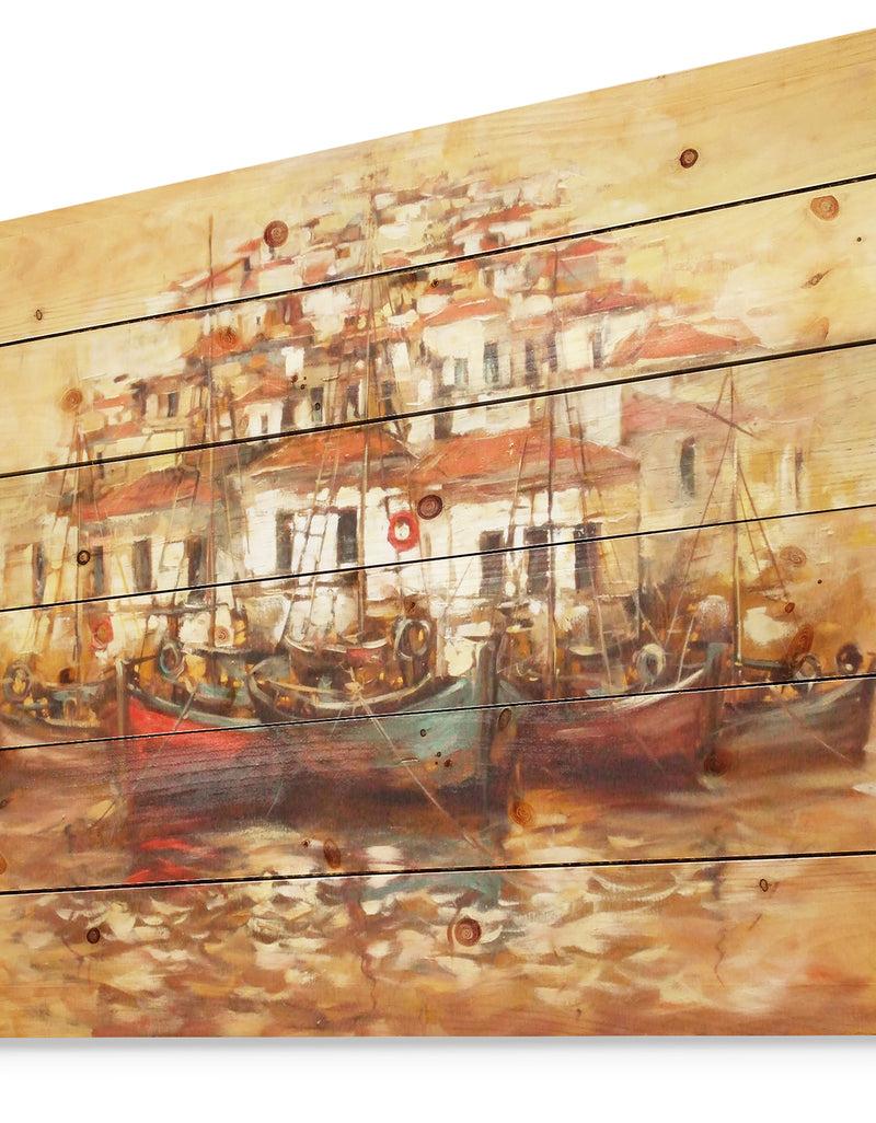 DesignQ Boats On The Island Harbor Oil Painting - Sea & Shore Painting Print On Natural Pine Wood