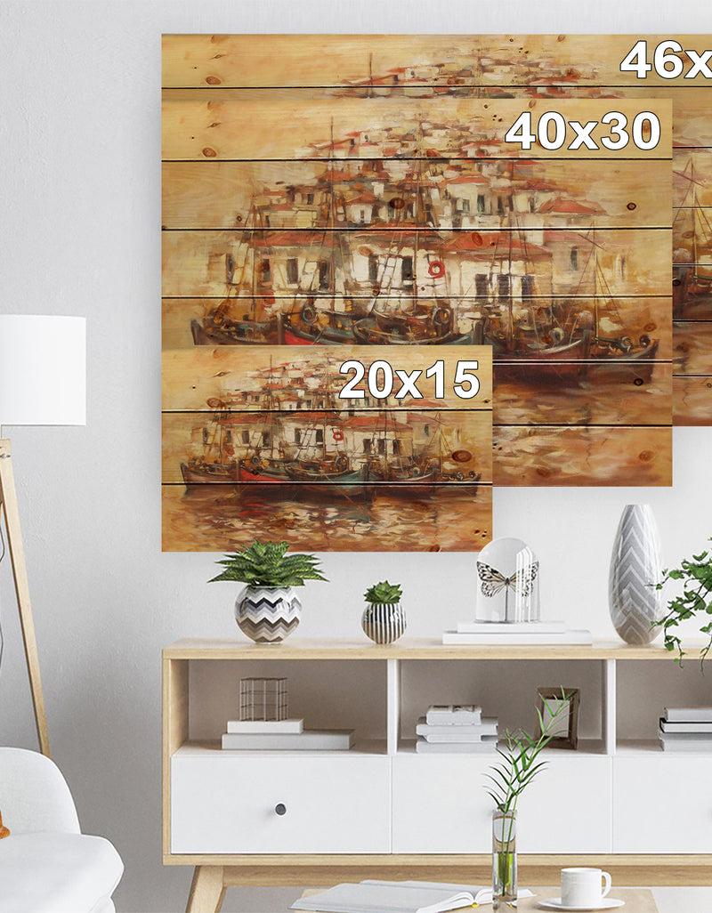 DesignQ Boats On The Island Harbor Oil Painting - Sea & Shore Painting Print On Natural Pine Wood