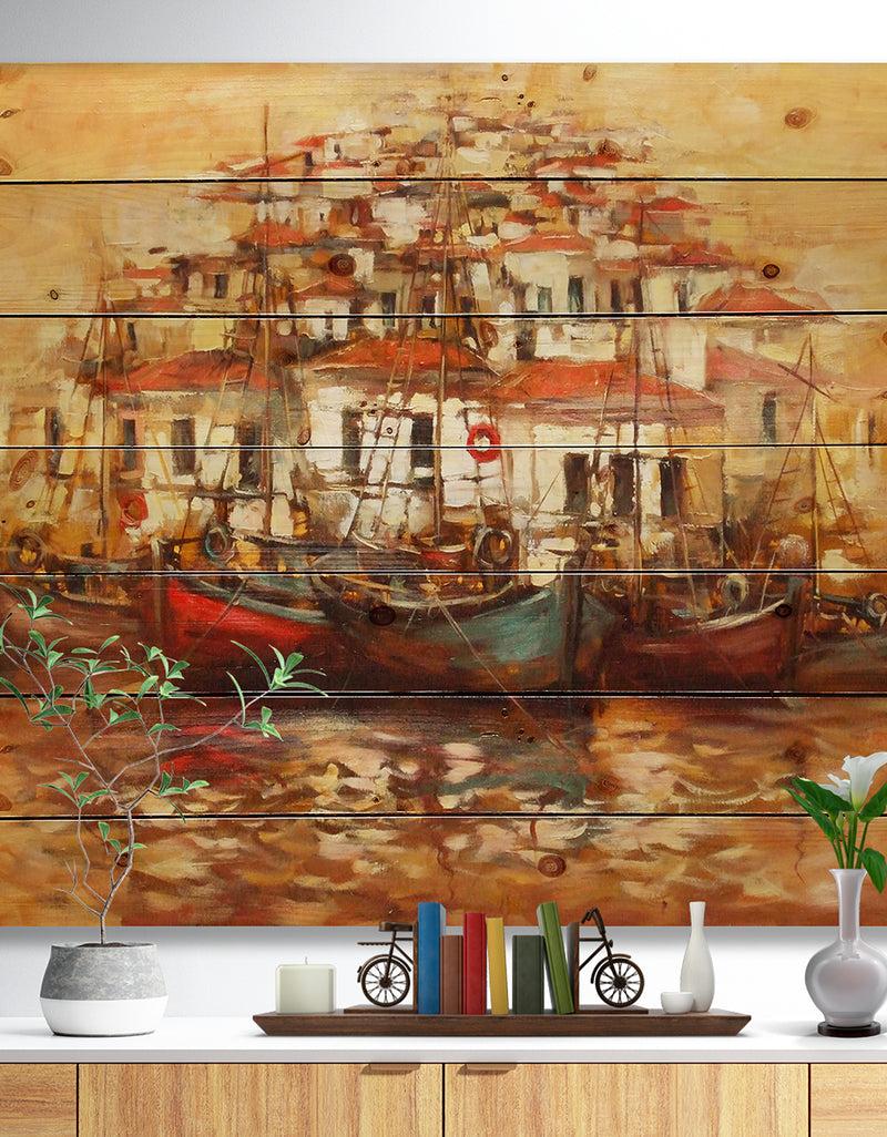 DesignQ Boats on the island harbor Oil Painting - Sea & Shore Painting Print on Natural Pine Wood