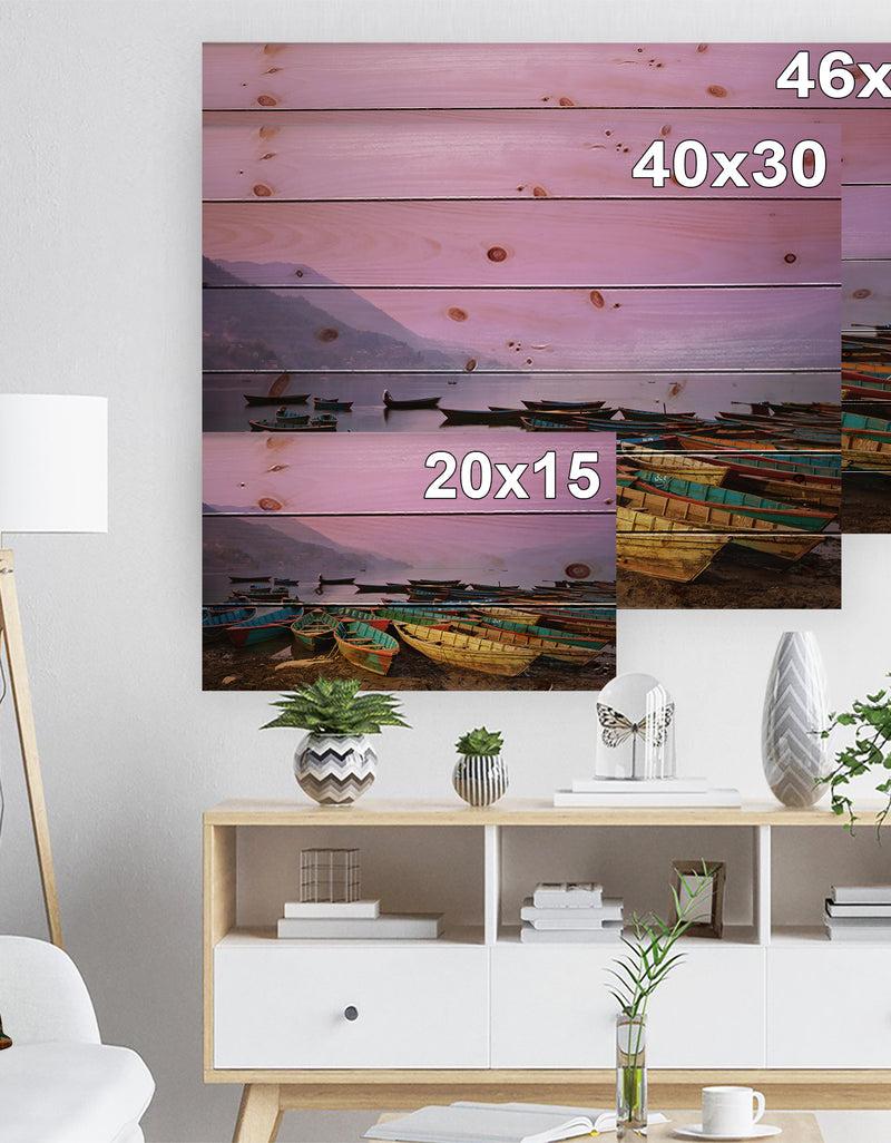 DesignQ Boats Under Twilight Sky In Phewa - Boat Print On Natural Pine Wood