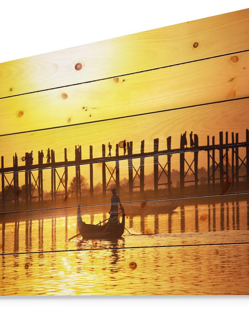 DesignQ Bridge In Myanmar - Sea & Shore Nautical Print On Natural Pine Wood