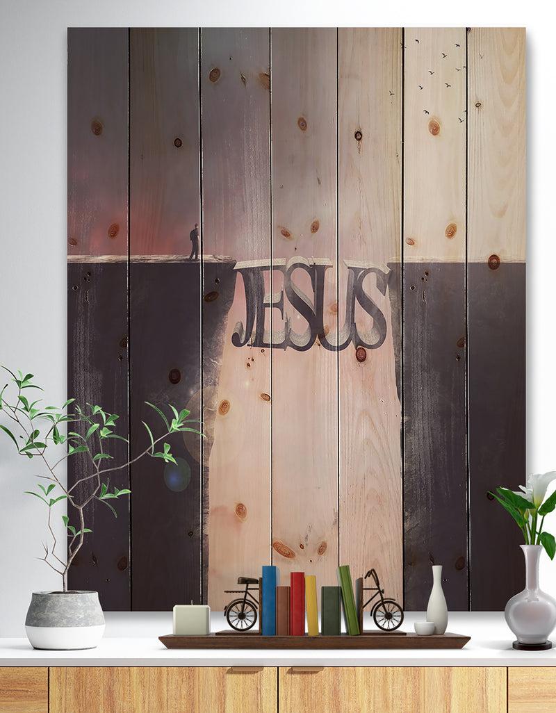 DesignQ Bridge the inscription Jesus - Landscapes Spiritual Religious Print on Natural Pine Wood