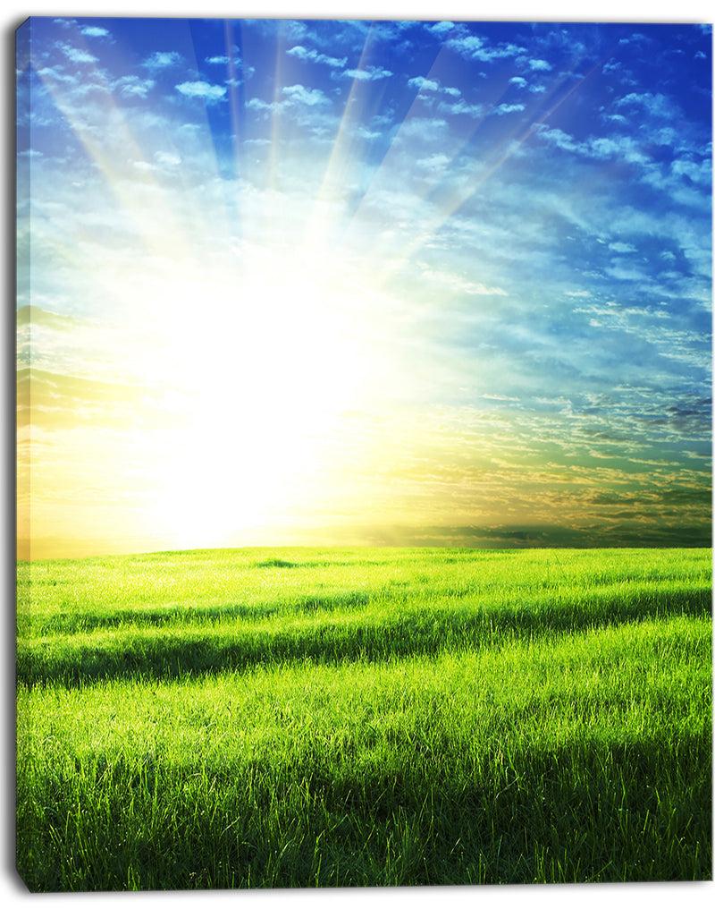 DesignQ Bright Green Field At Sunrise - Oversized Landscape Canvas Art
