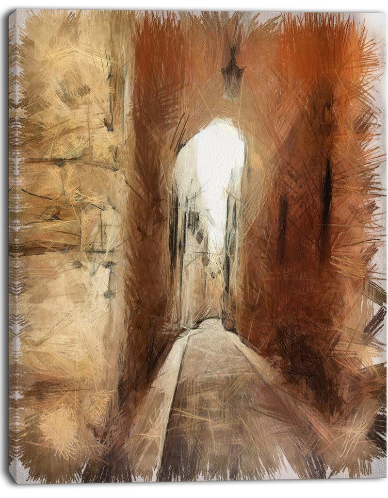 DesignQ Brown Old City Street Drawing - Landscape Canvas Wall Art