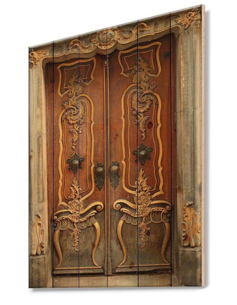 DesignQ Brown Old Door With Gold Ornaments - Vintage Premium Canvas Wall Art