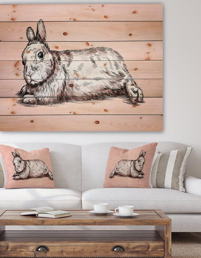 DesignQ Brush painting ink draw isolated rabbit illustration - Farmhouse Animal Painting Print on Natural Pine Wood